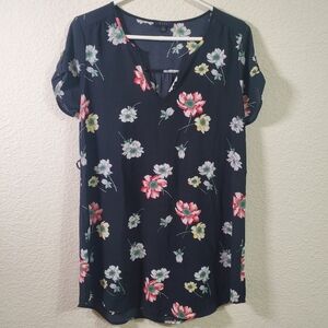 Mine Black Pink Floral Open Neck Short Sleeve Flowy Midi Womens Dress Large  Gre